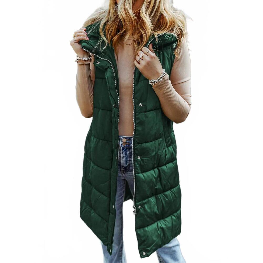 NEW PRETTY BASH gloria zip up quilted long vest coat in green
